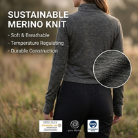 Pull zippé pour femme en 100 % laine mérinos de qualité supérieure avec trous pour les pouces, coupe courte, gris chiné, couche de base performante, SustainableTop