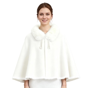 Women Elegant Faux Fur Collar <b>Shawl</b> Sleeveless Lace Trimmed Cloak Fluffy Pearl Closure Open Front Wrap for Bride - Product Image 4