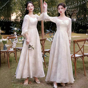 Bridesmaid Dresses 2025 Autumn Long Sleeve Champagne Color A-Line Vintage Evening Gowns Women's Formal Wear - Product Image 3