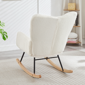 Fauteuil à bascule moderne et portable pour salon, rembourré en tissu Teddy capitonné avec pieds en bois, fauteuil d'appoint blanc ivoire - Product Image 3