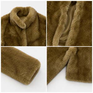 Abrigo corto casual de invierno para mujer, cálido, con cuello mandarín, de una sola botonadura, de piel sintética, teñido liso, holgado, estilo Teddy - Product Image 4