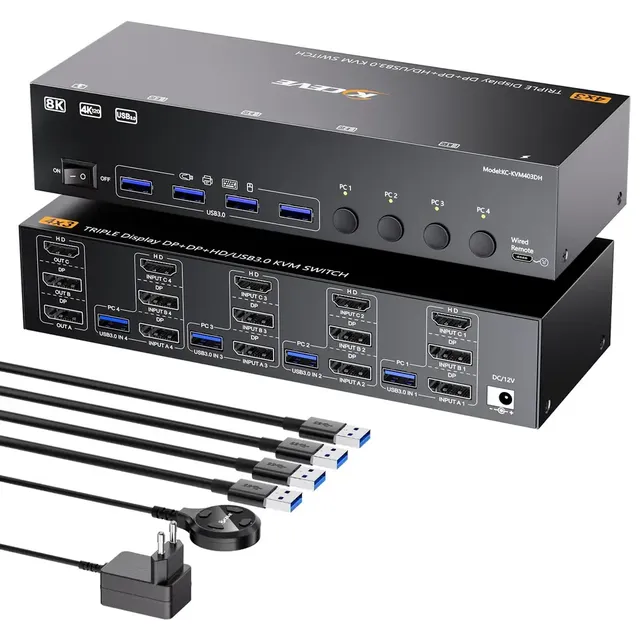 4K144Hz DP HDMI KVM Switch for Triple Monitor 4 Computers USB 3.0 Ports Mouse Keyboard for TV PC Computer