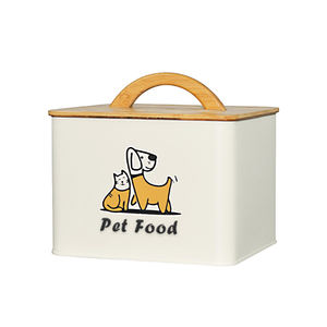 Boîte de rangement pour croquettes de chat en fer galvanisé personnalisé Boîte en métal avec couvercle en bois pour friandises pour chiens Boîte en métal avec couvercle rectangulaire en bambou pour aliments pour animaux domestiques - Product Image 1