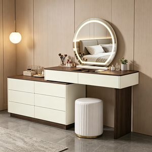 Coiffeuse moderne blanche avec miroir LED rond, meuble de rangement et tabouret pour chambre à coucher - Product Image 5