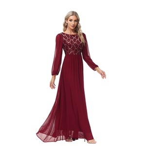 ชุดเดรสชีฟองแขนยาวคุณภาพสูง แต่งเลื่อม คอทรงโอ เปิดหลัง มีซับใน สำหรับผู้หญิง ชุดราตรี - Product Image 2