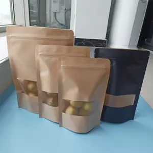 Printed Brown Doypack Standard Stand Up Pouch With Clear Window Kraft Paper Bag For Coffee Tea Nut Food Flexible