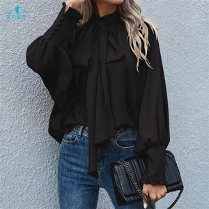 Blusa informal elegante con manga de burbuja y volantes para primavera y verano, camisa elegante con cuello redondo para mujer, <span class=keywords><strong>2022</strong></span> - Product Image 3