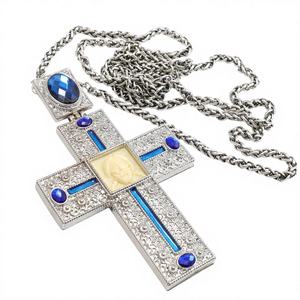 Collier pectoral orthodoxe en alliage nickelé ZD011 avec icône en résine, pierres bleues, croix religieuse pour les prêtres - Product Image 1