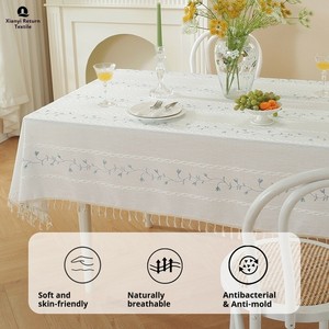 <span class=keywords><strong>Tovaglia</strong></span> Moderna in Cotone e <span class=keywords><strong>Lino</strong></span>, Bianca con Fiori Ricamati e Strisce, Impermeabile e Antimacchia, per Casa e Matrimoni - Product Image 3