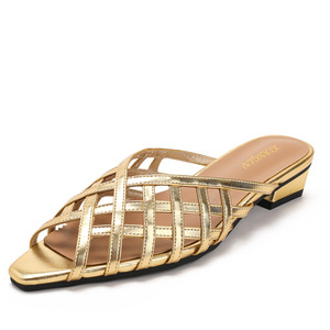 Mules et sandales décontractées pour femmes, à bout carré, à talon carré bas, ajourées et tissées, noires, dorées, marron, pour un usage quotidien, style chic - Product Image 2