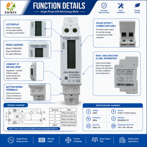 <span class=keywords><strong>Compteur</strong></span> <span class=keywords><strong>d</strong></span>'énergie électronique domestique monophasé 230V 30A sur rail DIN avec écran LCD, affichage kilowatt (kWh) et puissance - Product Image 2