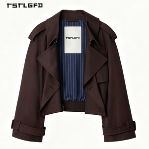 Men Cropped Trench Jacket 100% Cotton Double Breasted Hook Collar Closure Waist Belt Belted Cuffs Short Coat Outerwear - Product Image 6