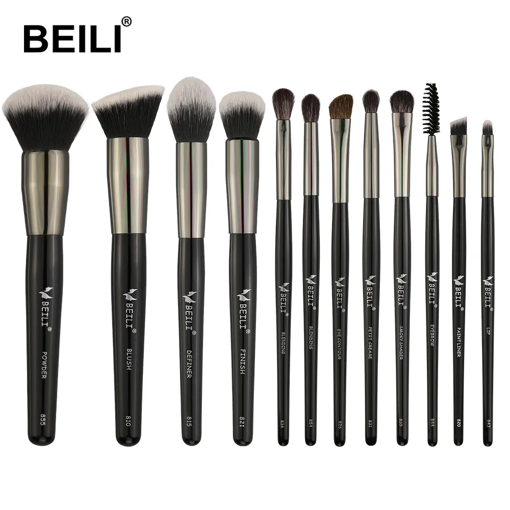 BEILI Black 12 Pcs artist foundation powder eyeshadow brushes set synthetic soft fluffy brushes make it kit