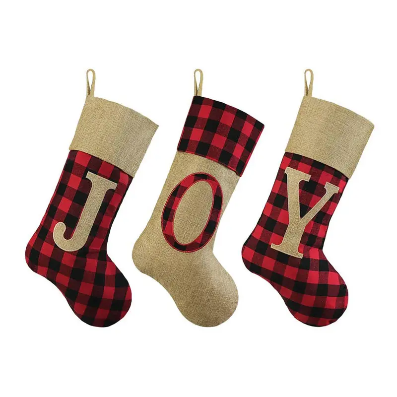 wholesale Retro Style 48cm Plaid Linen Christmas Hanging Socks Stocking Products For House