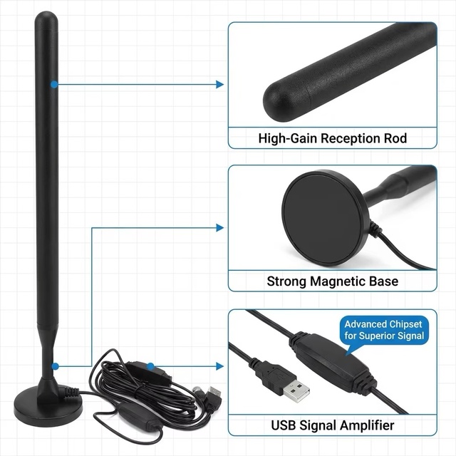 Plug and Play DVB-T2 ATSC ISDB-T Digital TV Antenna with USB Power Booster for Smart TV & Set-top Box