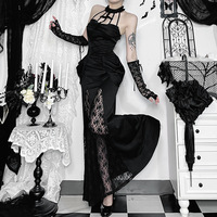 Y2K Goth Cross Lace See Through Flared Sleeve Club Vestidos Vintage Punk Elegante Lace-up Maxi Dress Halloween