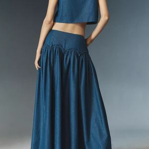 Nouveaux styles : Ensemble 2 pièces en jean délavé pour femme, jupe longue et débardeur court sans manches en coton pour l'été - Product Image 3