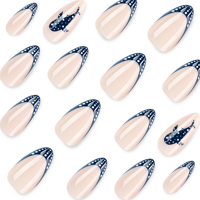 Faux ongles nude amande à presser avec pointes françaises à pois bleu marine, ongles artificiels brillants réutilisables pour manucure de fête 4614