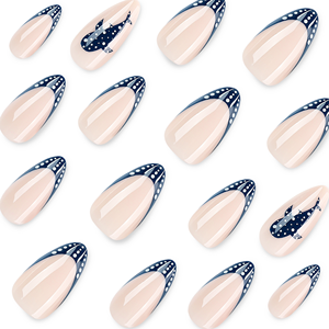 <span class=keywords><strong>Uñas</strong></span> Postizas Color Almendra con Puntas Francesas <span class=keywords><strong>Azul</strong></span> <span class=keywords><strong>Marino</strong></span> con Puntos, <span class=keywords><strong>Uñas</strong></span> Postizas Reutilizables Brillantes para Manicura de Fiesta 4614 - Product Image 3