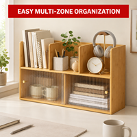 Organisateur de bureau à 2 niveaux en bambou naturel avec portes coulissantes en verre, armoire de rangement en bois clair à 3 sections de 70 cm pour le bureau à domicile