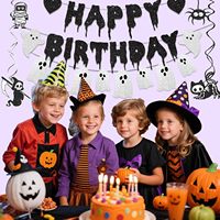 Spanduk Ulang Tahun Halloween Glitter Hitam Hiasan Hantu Putih Dekorasi Pesta Ulang Tahun Halloween untuk Dekorasi Ulang Tahun yang Menyeramkan