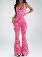 Combinaison pour femme à imprimé léopard, pantalon évasé, dos croisé, sexy, combinaison de yoga, sans couture, élastique, moulante, vêtements de sport actifs