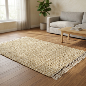 Tapis d'intérieur rectangulaire en jute rayé fait main, à poils ras, style bohème, tissage plat, pour chambre à coucher, avec bordure à franges - Product Image 6