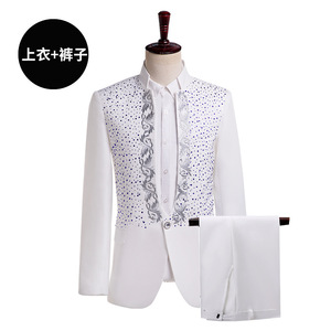 Completo da sposo <span class=keywords><strong>bianco</strong></span> da uomo con strass lucidi Slim Fit pantaloni da smoking con un bottone pantaloni da smoking cantante Set 2 pezzi - Product Image 2