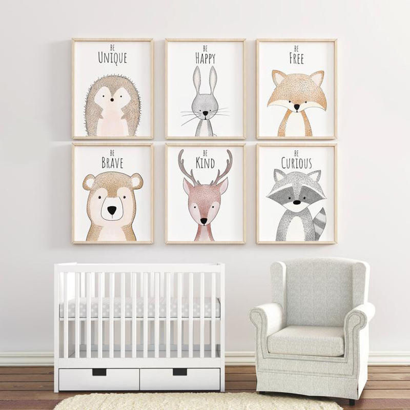 Hot sale children's baby room decoration modern art cartoon forest animal oil painting