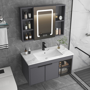 Minimalist bathroom vanity cabinet floating bathroom sink cabinet with solid wood doors and stone countertop - Product Image 3
