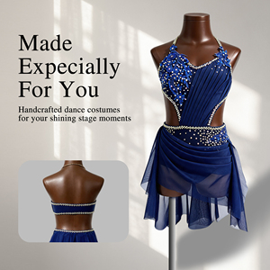 Vestido de Danza Lírica Azul Rey de Poliéster con Pedrería, Traje de Ballet Contemporáneo Hecho a Medida, Adornado con Cristales para Patinaje Artístico - Product Image 1