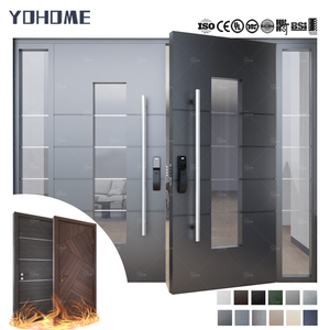 Yohome vendita calda elegante Design moderno Custom casa a <span class=keywords><strong>doppia</strong></span> <span class=keywords><strong>anta</strong></span> porta in alluminio doppio vetro porte anteriori con luci laterali - Product Image 1