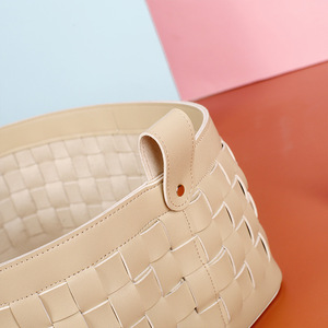 Panier de rangement rond en cuir pleine fleur tressé sur mesure, grande capacité, pour articles divers de bureau - Product Image 5