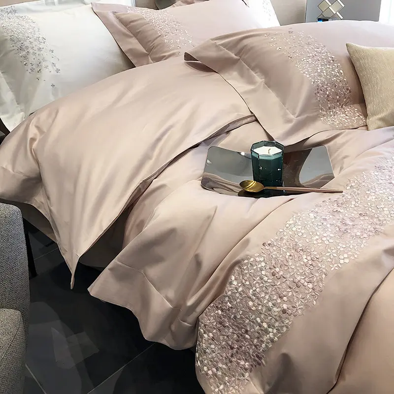 カスタム刺繍サテンコットン寝具セット高級ホテルクイーン寝具セットコレクション100Sベッドシット寝具セット