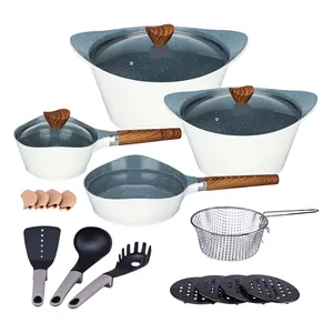 19-टुकड़ा cookware सेट पश्चिमी शैली काले और सफेद डॉट्स के साथ भीतरी ग्रे सिरेमिक छिड़का और बाहरी सफेद लकड़ी अनाज संभाल