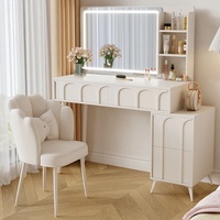 Ensemble coiffeuse de luxe en bois crème de style européen avec miroir LED et rangement à tiroirs pour chambre à coucher
