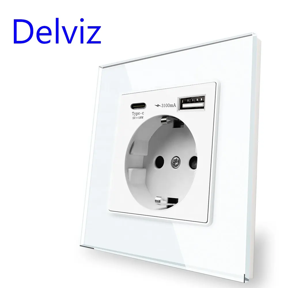 Delviz Tempered Crystal Glass Panel, Type C European 16A Power Outlet With 3100MA usb Ports,EU Standard Wall Quick charge Socket