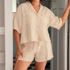 Summer Lounge Sets Crepe Linen Cotton Short Sleeve Cropped Shirts Two Piece Short Set for Women Lounge Wear Sets Casual