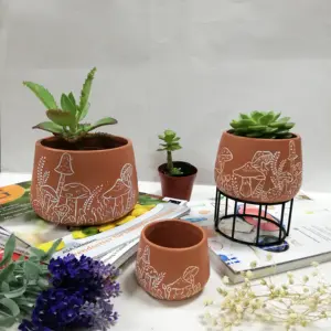 Pot Bunga Tanah Liat Merah Keramik, Dekorasi Kerajinan Taman Rumah Pot Jamur Bentuk Bulat