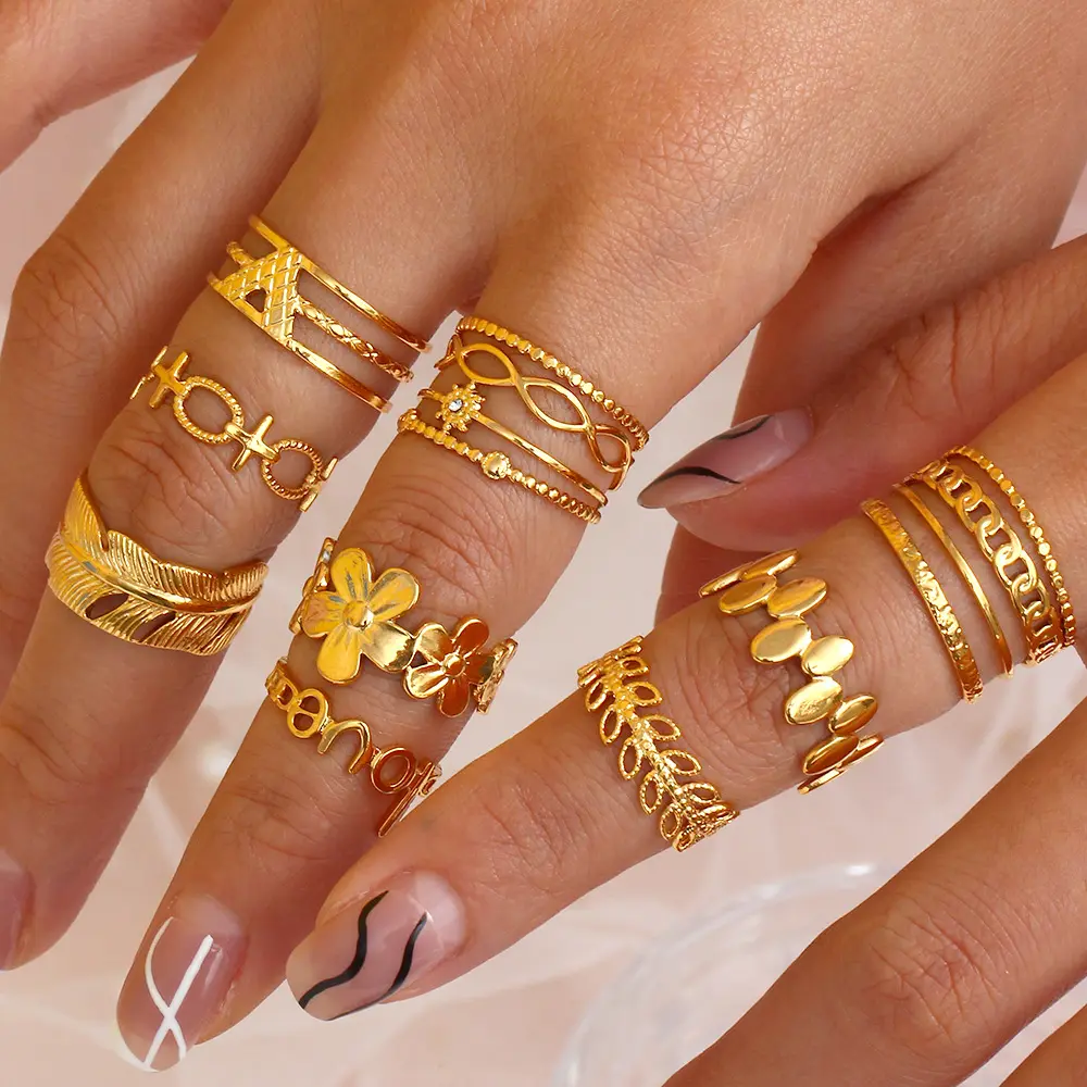 Moda fiore croce catena foglia anelli d'oro gioielli regolabili anelli in acciaio inossidabile placcato oro multistrato anello aperto per le donne
