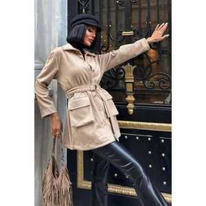 Chaqueta Camisera Midi de Gamuza con Cinturón para Mujer, Estilo Utilitario, Manga Larga, Otoño, Beige, Talla L - Product Image 5