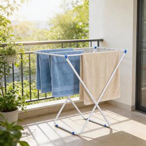 Séchoir à <span class=keywords><strong>linge</strong></span> portable pliable en métal antirouille à un seul niveau avec crochets réglables pour sacs et vêtements - Conception verticale durable - Product Image 1