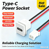 Conector USB-C de Montaje en Panel LN-015 Blanco, Tipo-C Hembra, con Cable Pre-cableado PH2.0 para Electrónica DIY