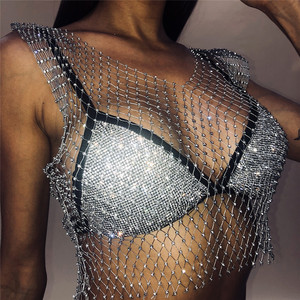 เสื้อครอปตาข่ายสไตล์วินเทจสำหรับผู้หญิง เซ็กซี่ คอวี ระบายอากาศได้ดี เป็นมิตรกับสิ่งแวดล้อม เหมาะสำหรับฤดูร้อน ประดับคริสตัล สำหรับงานปาร์ตี้ ลายตาข่ายโปร่ง - Product Image 2