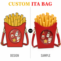 Sac à dos Kawaii en forme de frites françaises, boîte rouge en carton 3D, frites en relief, dessus texturé en similicuir, fenêtre transparente ronde