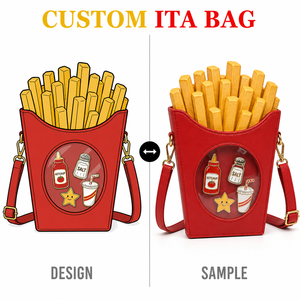 Sac à dos Kawaii en forme de frites françaises, boîte rouge en carton 3D, frites en relief, dessus texturé en similicuir, fenêtre transparente ronde - Product Image 1