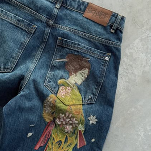 <span class=keywords><strong>Jeans</strong></span> streetwear baggy Y2K, style hip-hop, avec couture personnalisée, bleu délavé soleil, effet vintage, délavé à l'acide, broderie 3D et motif graphique japonais - Product Image 4