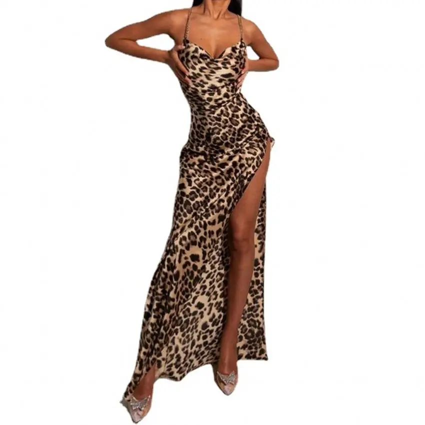 Leopard Snakeskin Printed Spaghetti Strap Sexy Bodycon Midi Long Club Party Dress camisole dress slip dress