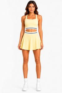 Ensemble 2 pièces crop top et jupe évasée, col carré, bretelles halter, taille haute, bordure contrastante, respirant, en Spandex et Polyester, pour le yoga - Product Image 3