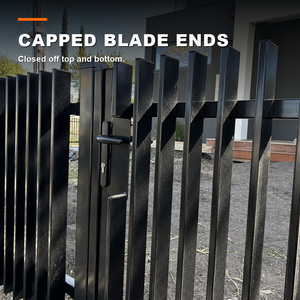 Modern Vertical <b>Batten</b> Aluminum Blade Gate Semi Privacy Exterior Metal Screen for Luxury Townhouse Development - Product Image 3